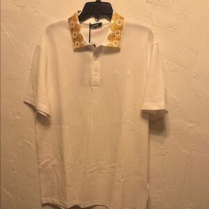 Versace White Polo Shirt with Gold Patterned Collar